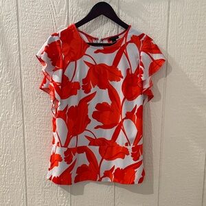 Ann Taylor Vibrant Red and Light Blue Floral Blouse